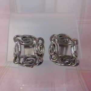 Scroll Chain Square Silver Tone Clip Earrings